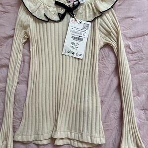 Zara Cream Ribbed Kids Blouse with Black Trim